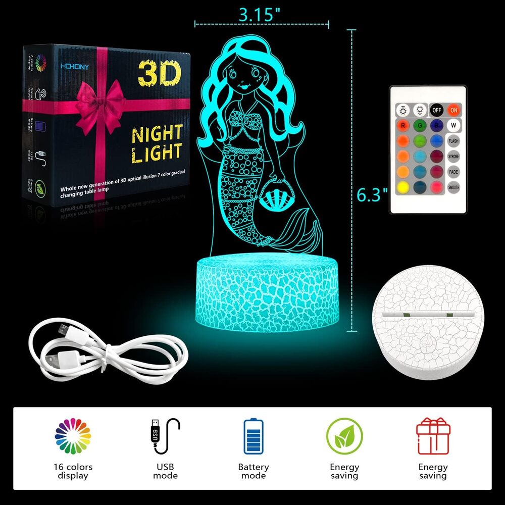 i-CHONY Mermaid Night Light 3D Illusion Lamp with Remote 16 Colors Dimmable - Picture 4 of 5